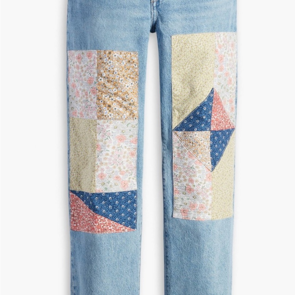 Blue Straight Leg Jeans with Patchwork Design